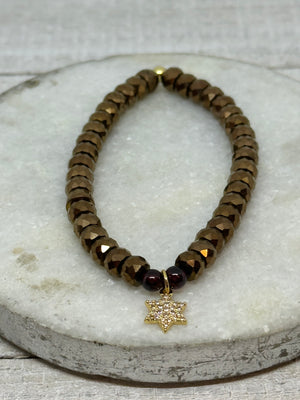 Gold Star Of David & Metallic Hematite Bracelet