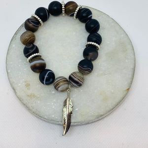 Frosted Stripe Agate and Silver Feather