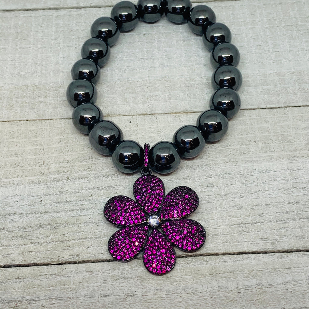 Black Hematite with a Gorgeous Micro Pave Fuchsia Flower Charm Bracelet