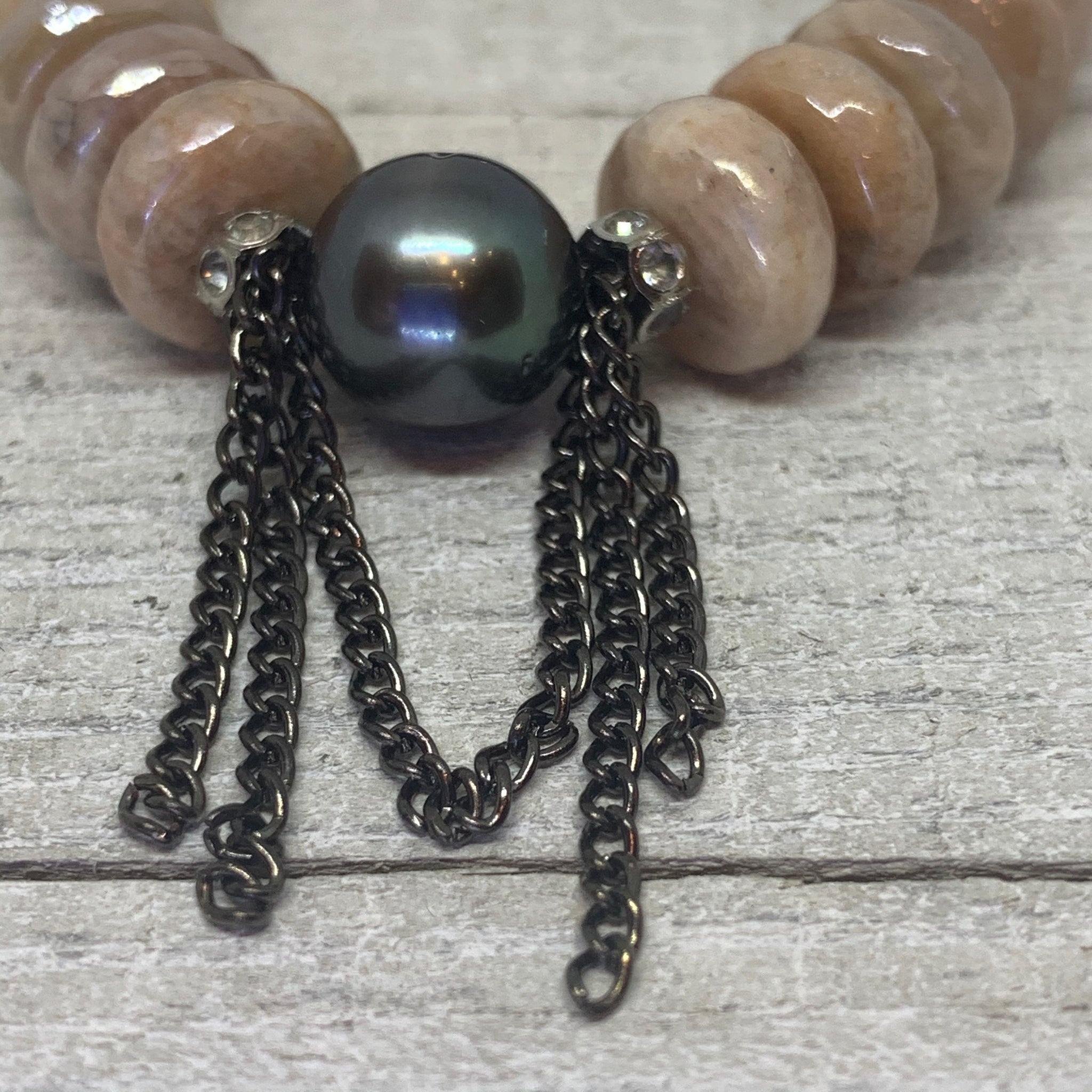 Gorgeous Faceted Peach Moonstone with a Stunning Tahitian Pearl and Chain Bracelet