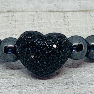 The Harriet Bracelet- Black Hematite with a Black Puffed Micro Pave Heart