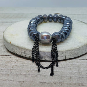 Faceted Gray Agate with Chain &Pearl Bracelet