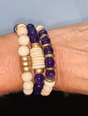 Trio Wood Beads and Amethyst Gemstones