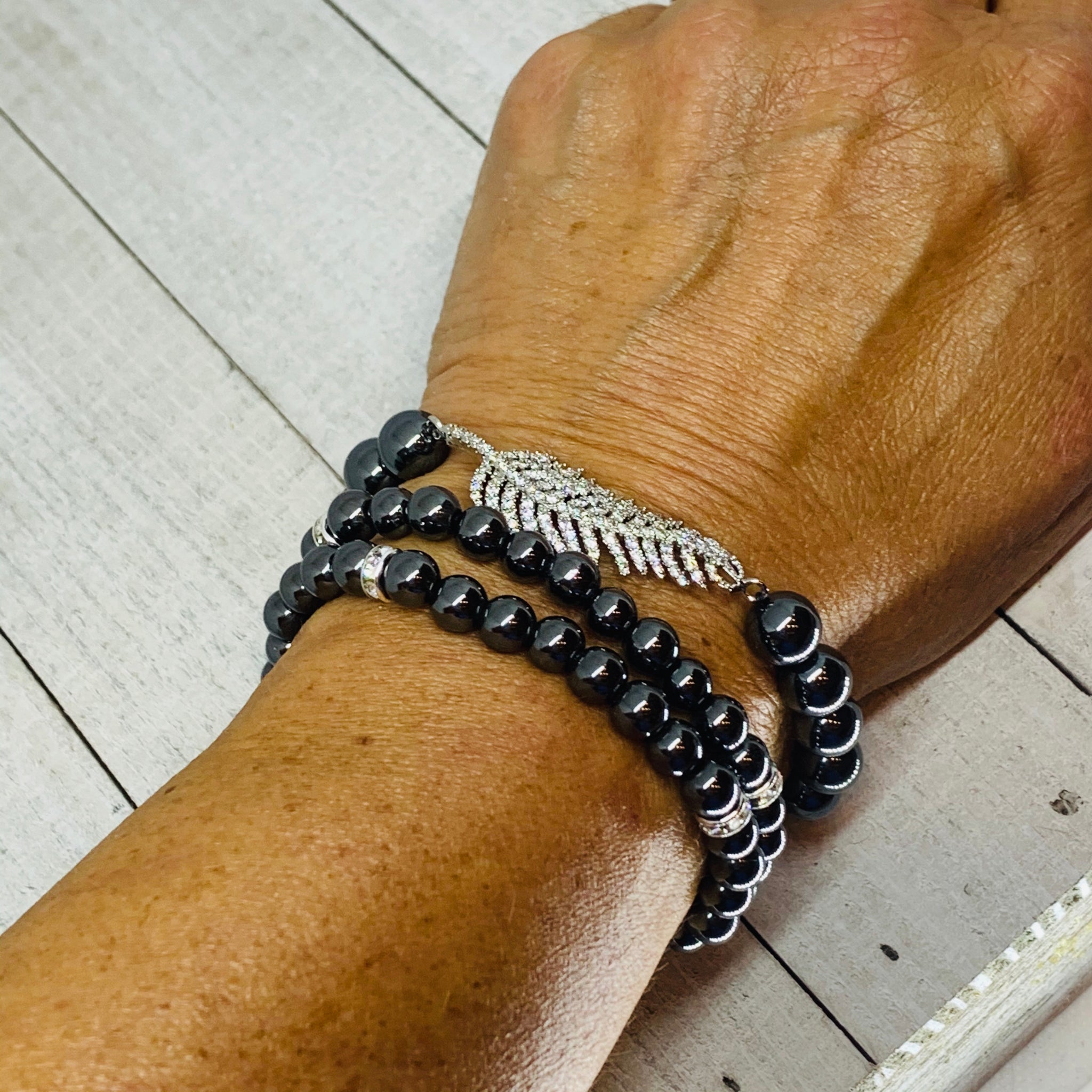 Three Bracelets- Sassy Pave Silver Leaf Bracelet Stack