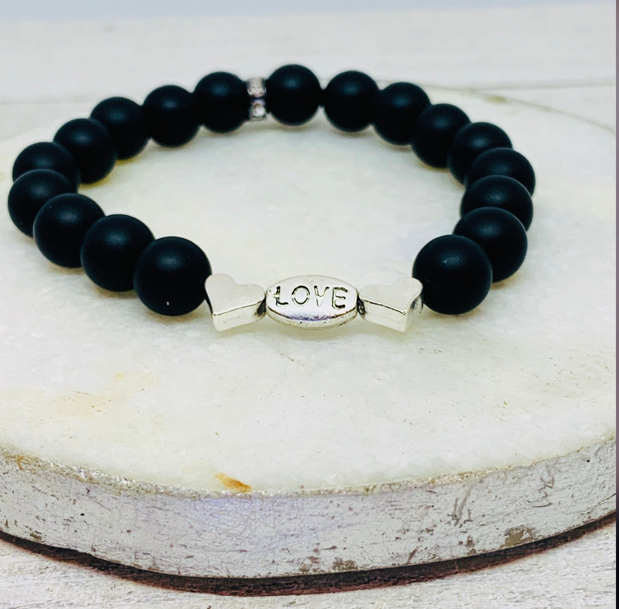 Onyx and Silver Heart Bracelet