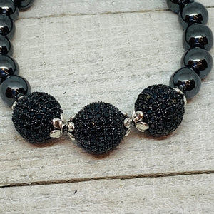 Three Sisters Hematite and Pave Black Bead Ball Bracelet