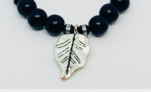 Silver Flat Leaf Onyx Bead Bracelet