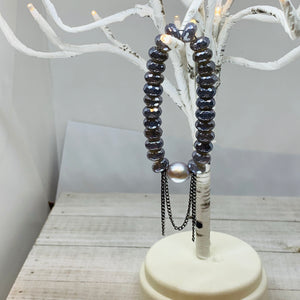 Faceted Gray Agate with Chain &Pearl Bracelet