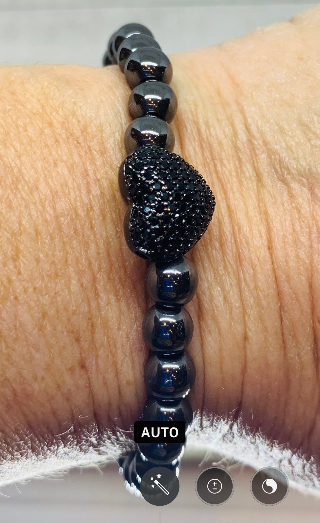 The Harriet Bracelet- Black Hematite with a Black Puffed Micro Pave Heart