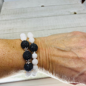 White Mountain Jade with (3) 12 mm Black Micro Mini Pave Black Bead Balls.