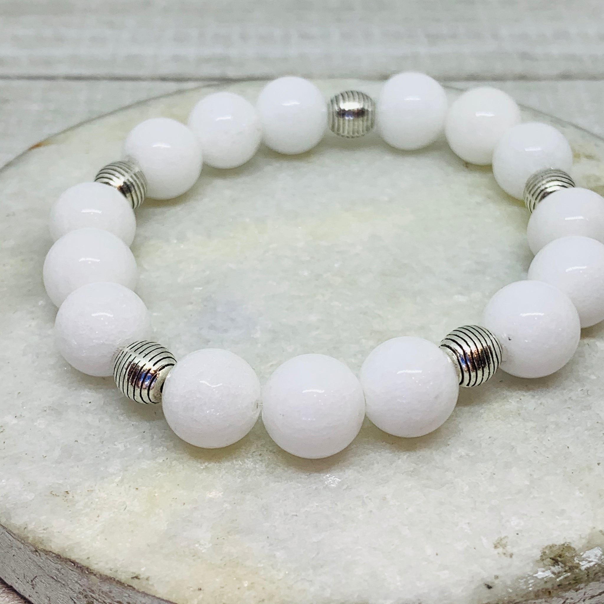 The Carrie Bracelet- White Mountain Jade Beads and Silver Carved Findings