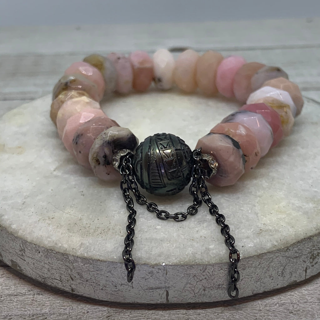 Exquisite Peruvian Opal Nugget with an AAA Carved Tahitian Pearl and Chain Bracelet