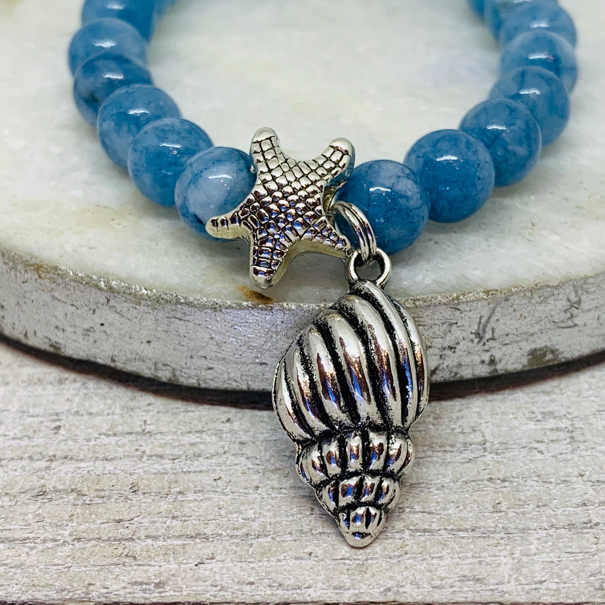 Ocean Blue Agate Starfish and Shell Bracelet