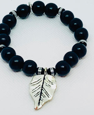 Silver Flat Leaf Onyx Bead Bracelet