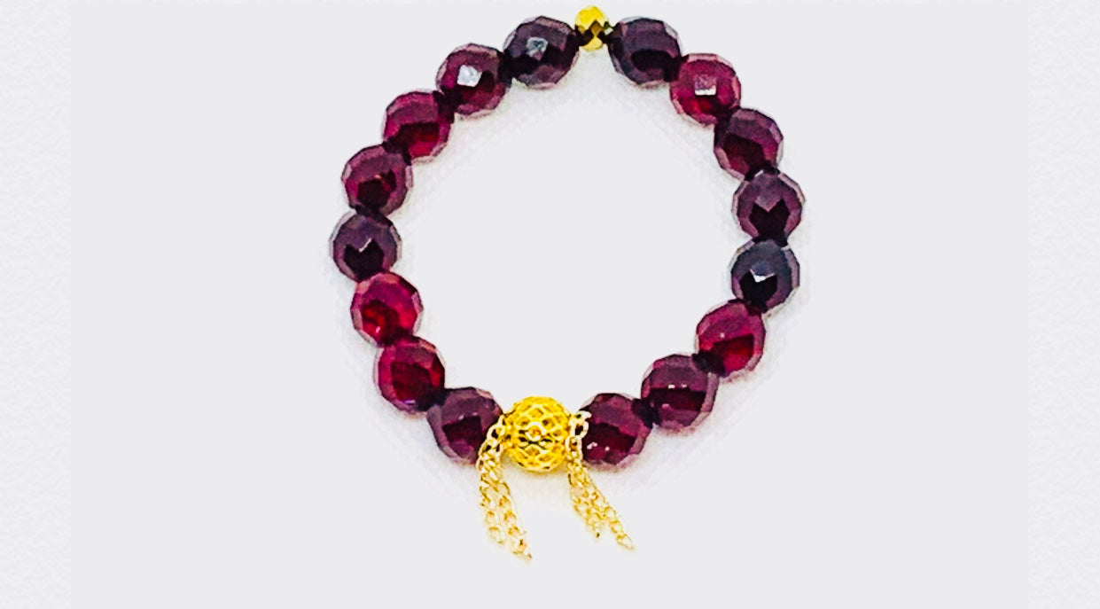 Red Garnet Glass Bead with Gold Filgree Ball