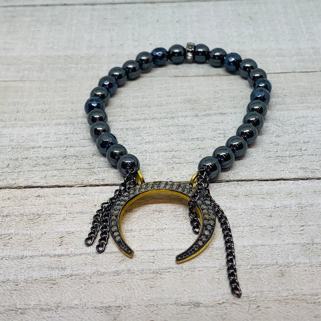 Genuine Pave Diamond Moon Charm with Dark Hematite Gemstone Beads with Fringe Chain.