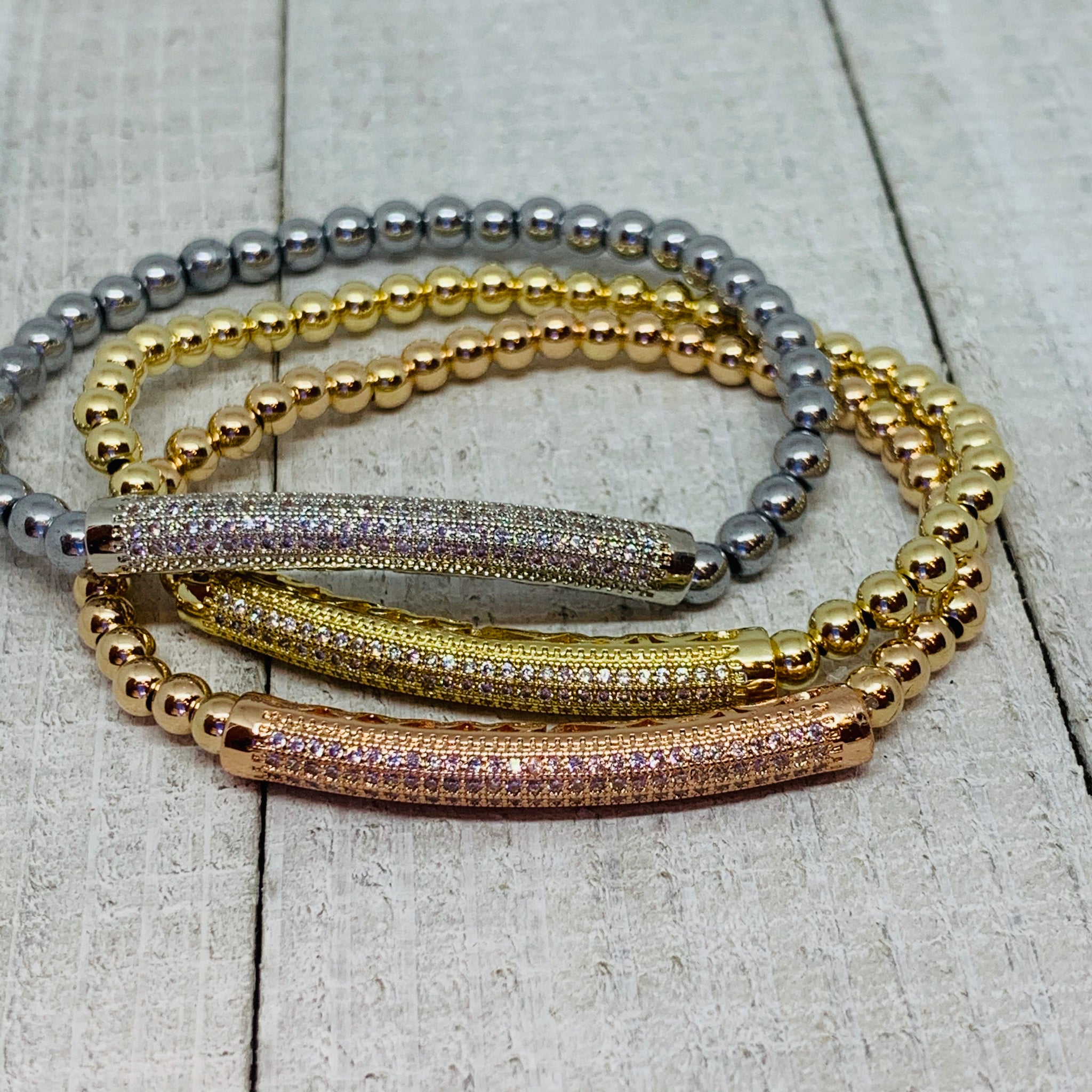 Trio of  Rose Gold,Gold and Silver Charm Stack Bracelet Set