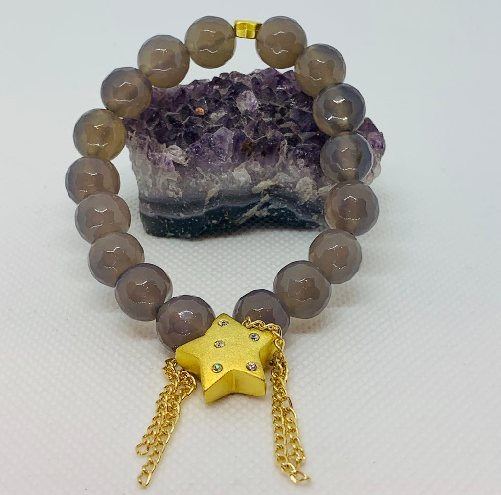 Gold Star and Agate Bead Bracelet with Fringe Chains.