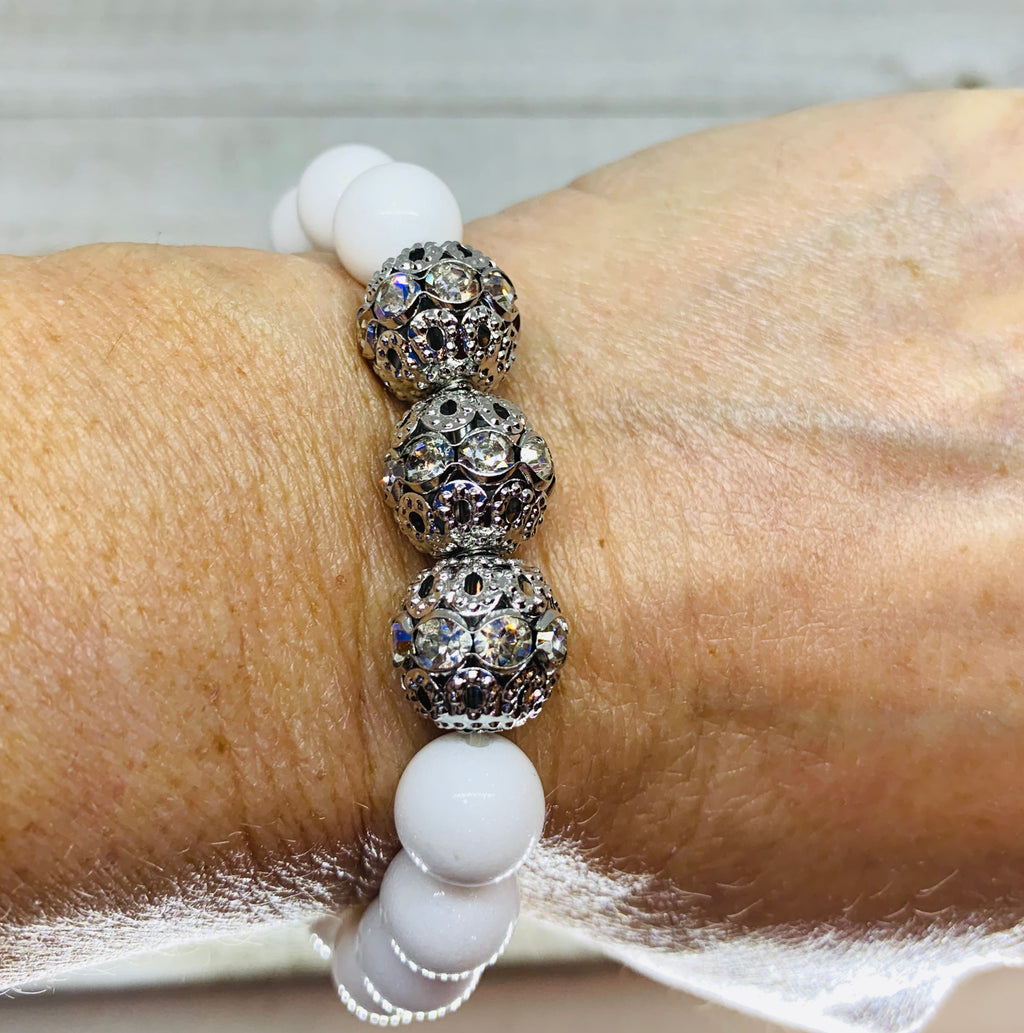 The Marsha Bracelet- White Mountain  Jade Beads with (3) Silver Micro Pave Bead Balls.