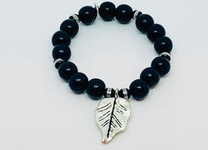 Silver Flat Leaf Onyx Bead Bracelet