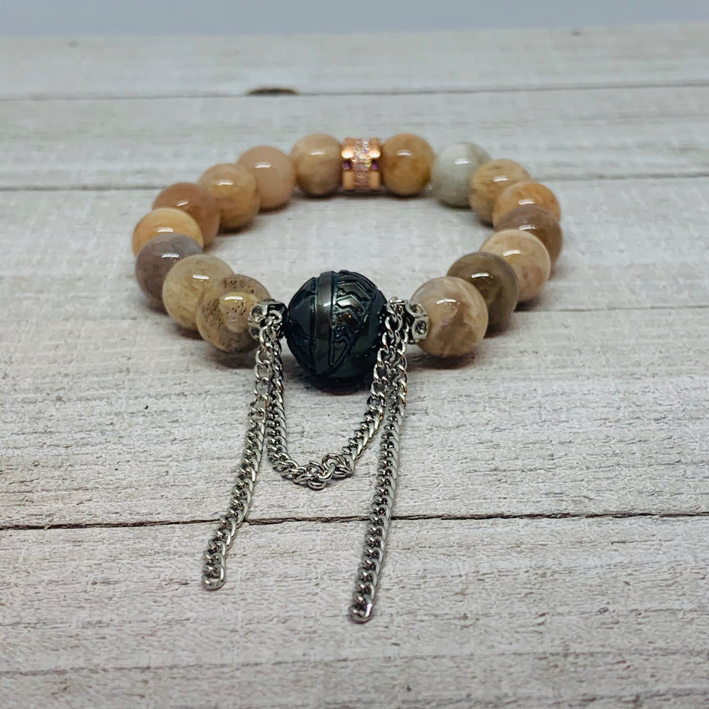 Carved Tahitian Pearl and Peach Moonstone Bracelet
