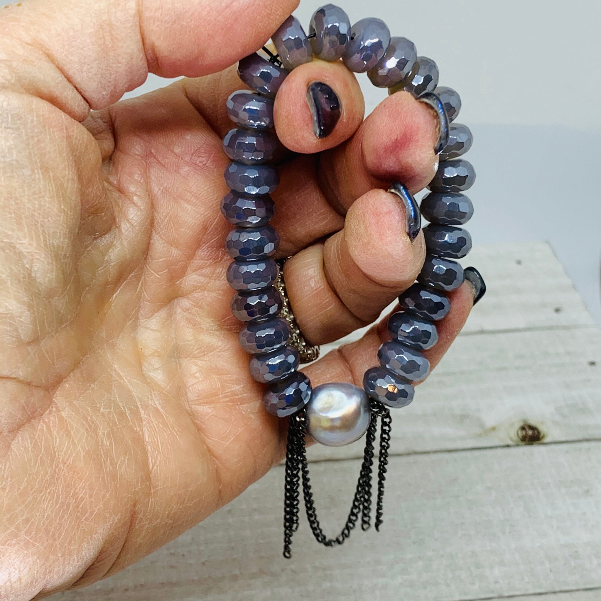 Faceted Gray Agate with Chain &Pearl Bracelet