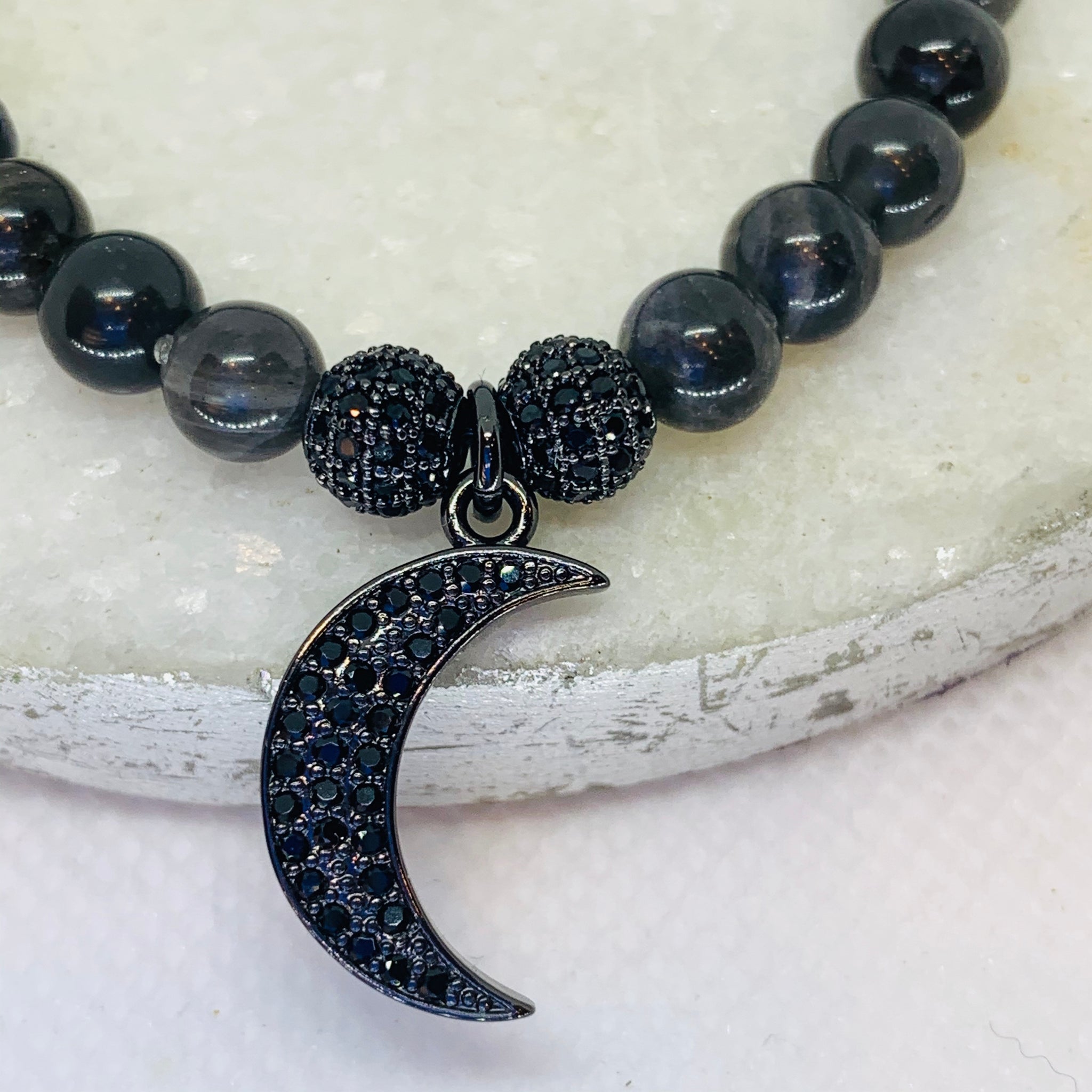 Crescent Moon 6mm Labradorite Black CZ Charm Bracelet
