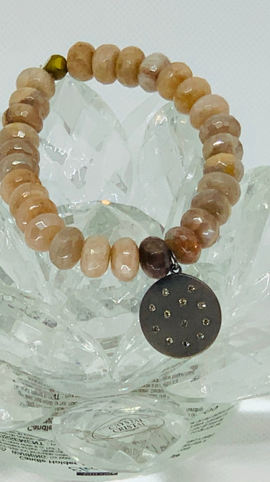 Beautiful Antique Pave Diamond Charm On Stunning Peach Moonstone Bracelet