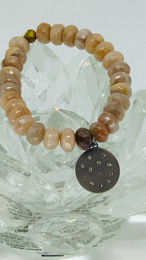 Beautiful Antique Pave Diamond Charm On Stunning Peach Moonstone Bracelet
