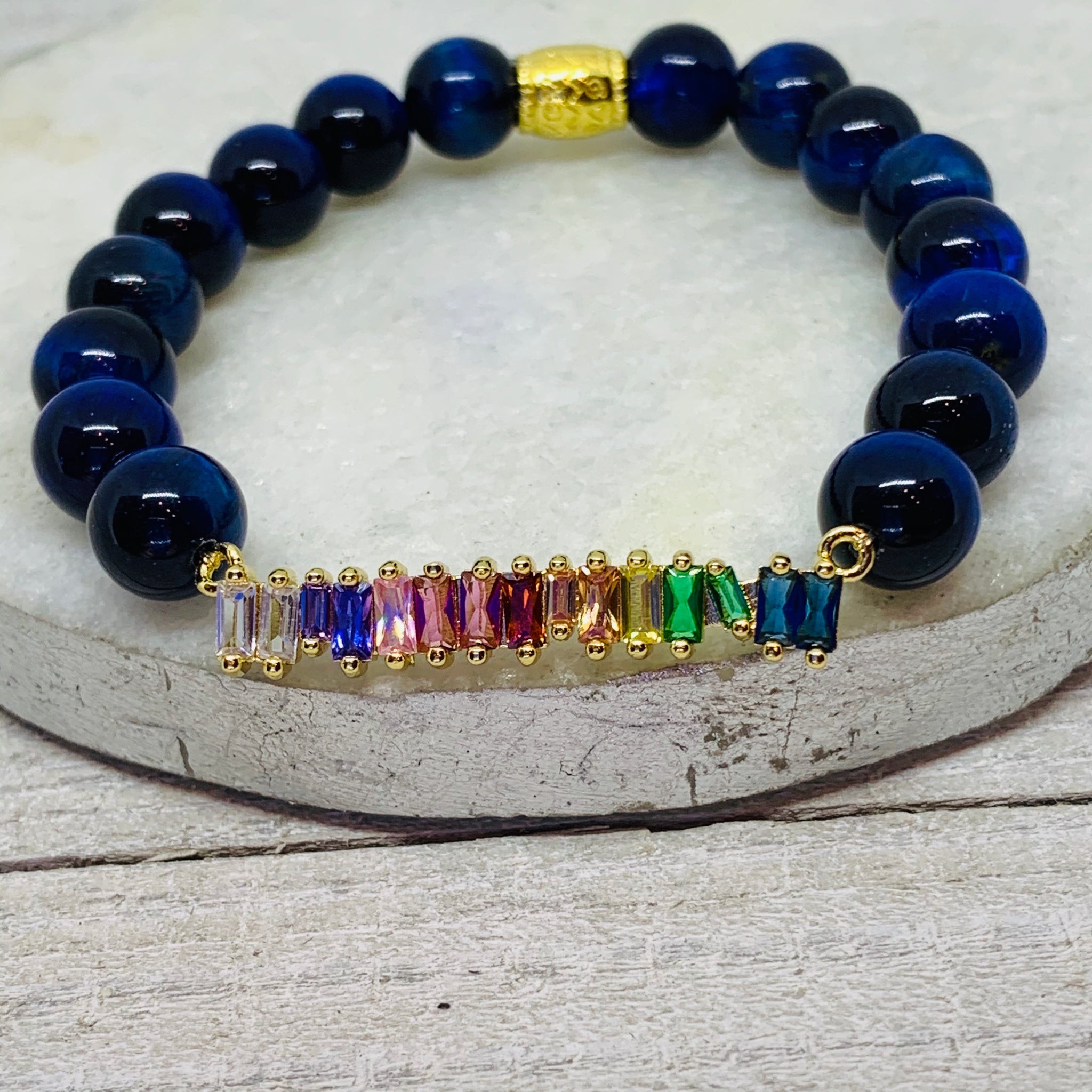 Blue Cat Eye and Multi Color Connector Charm Bracelet