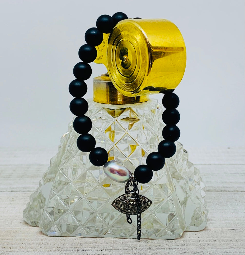 Onyx,  Pearl & Genuine  Pave Diamond Evil Eye Bracelet