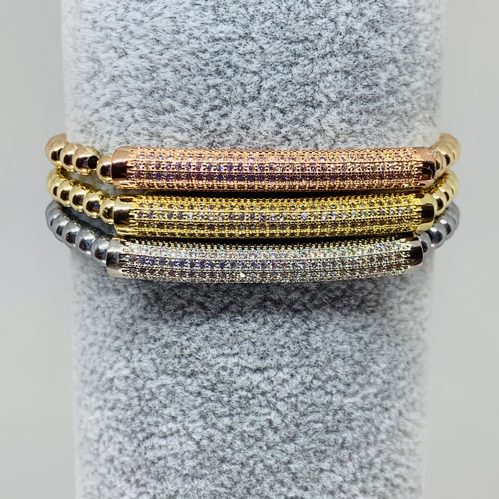 Trio of  Rose Gold,Gold and Silver Charm Stack Bracelet Set