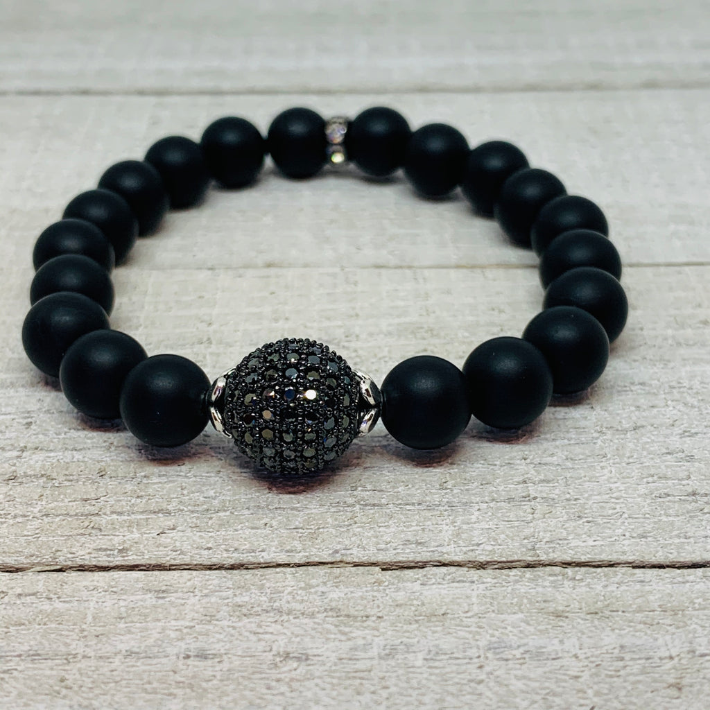 Onyx With 12mm Micro Pave Black Bead Ball Bracelet