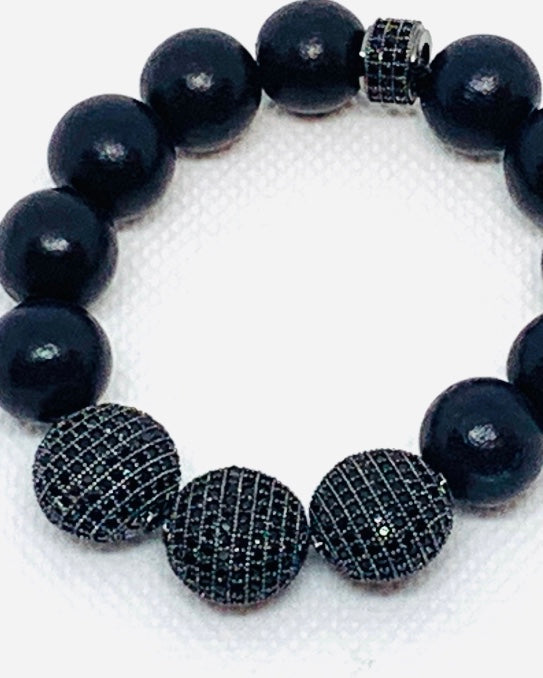 Onyx & Flat Micro Pave Black CZ Bead Bracelet