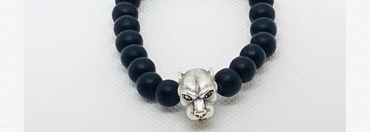 Unisex Silver Leopard and  Onyx Bead Bracelet