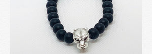 Unisex Silver Leopard and  Onyx Bead Bracelet