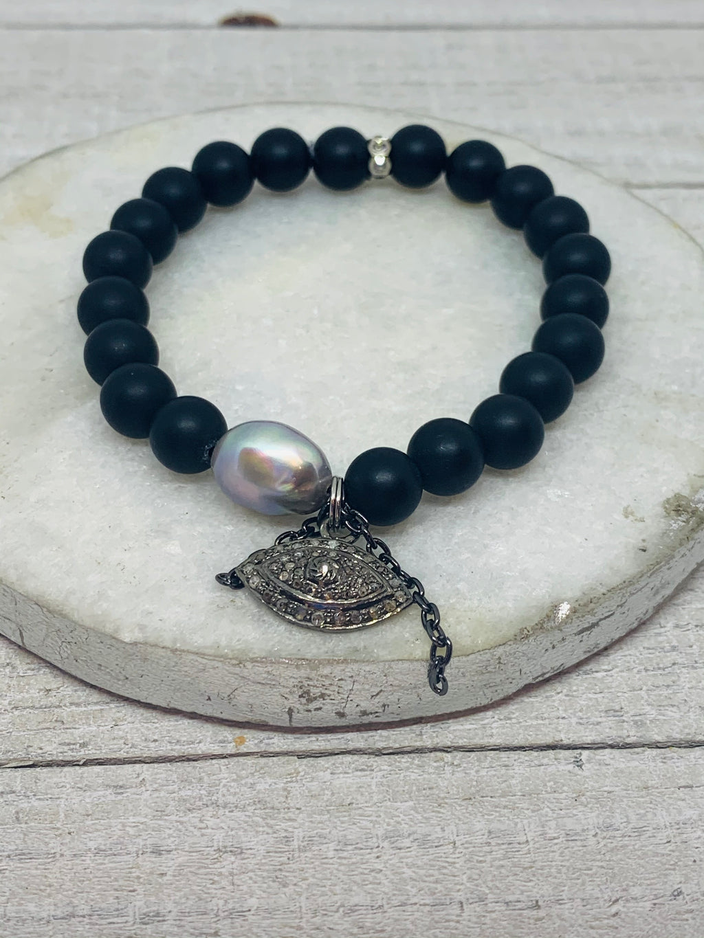 Onyx,  Pearl & Genuine  Pave Diamond Evil Eye Bracelet