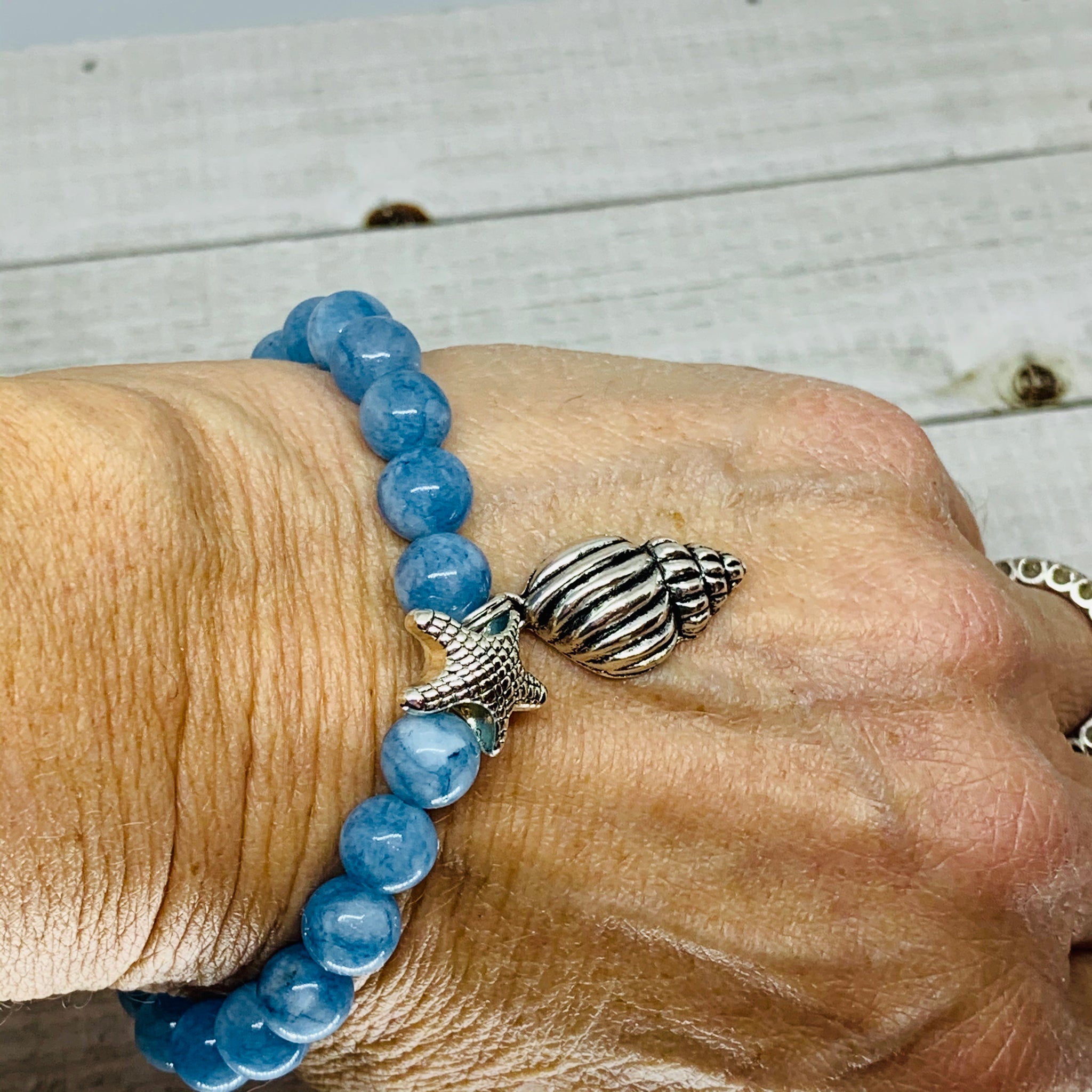 Ocean Blue Agate Starfish and Shell Bracelet