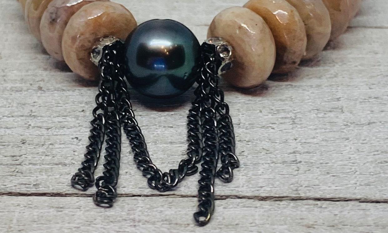 Gorgeous Faceted Peach Moonstone with a Stunning Tahitian Pearl and Chain Bracelet