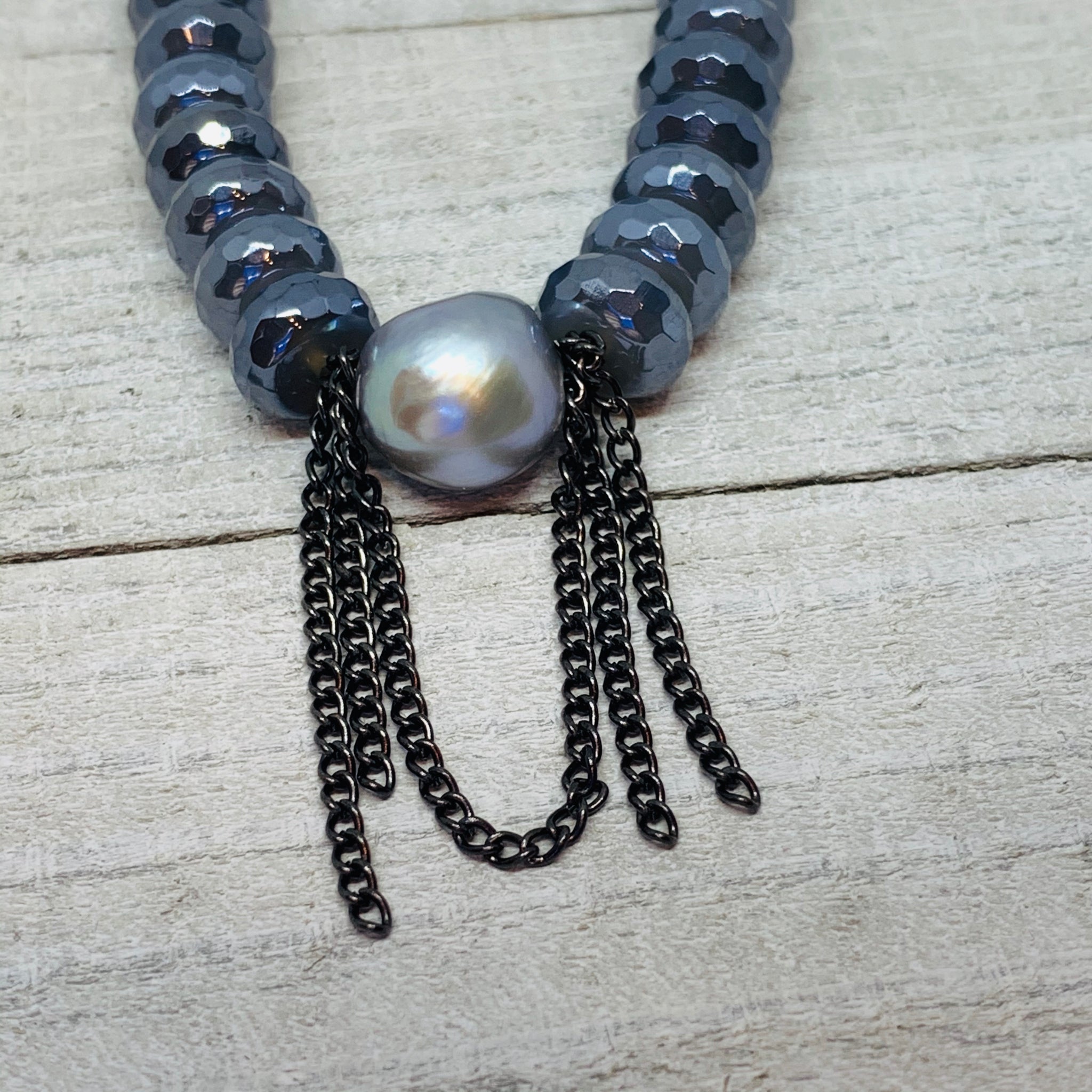 Faceted Gray Agate with Chain &Pearl Bracelet