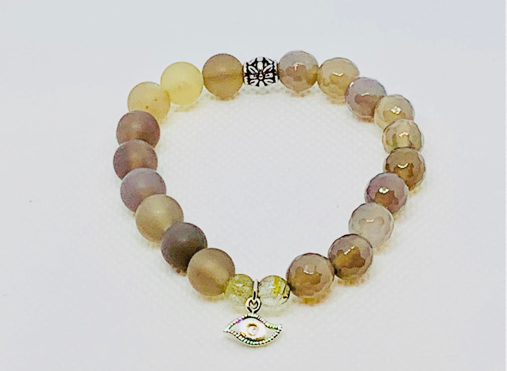 Matte and Shinny Agate & Silver Evil Eye Bracelet