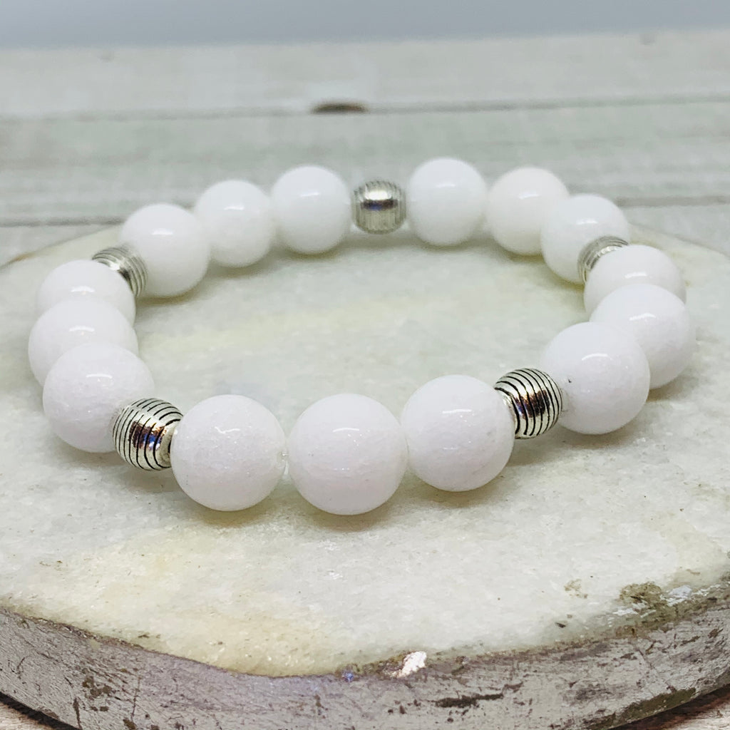 The Carrie Bracelet- White Mountain Jade Beads and Silver Carved Findings