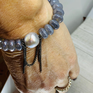 Faceted Gray Agate with Chain &Pearl Bracelet