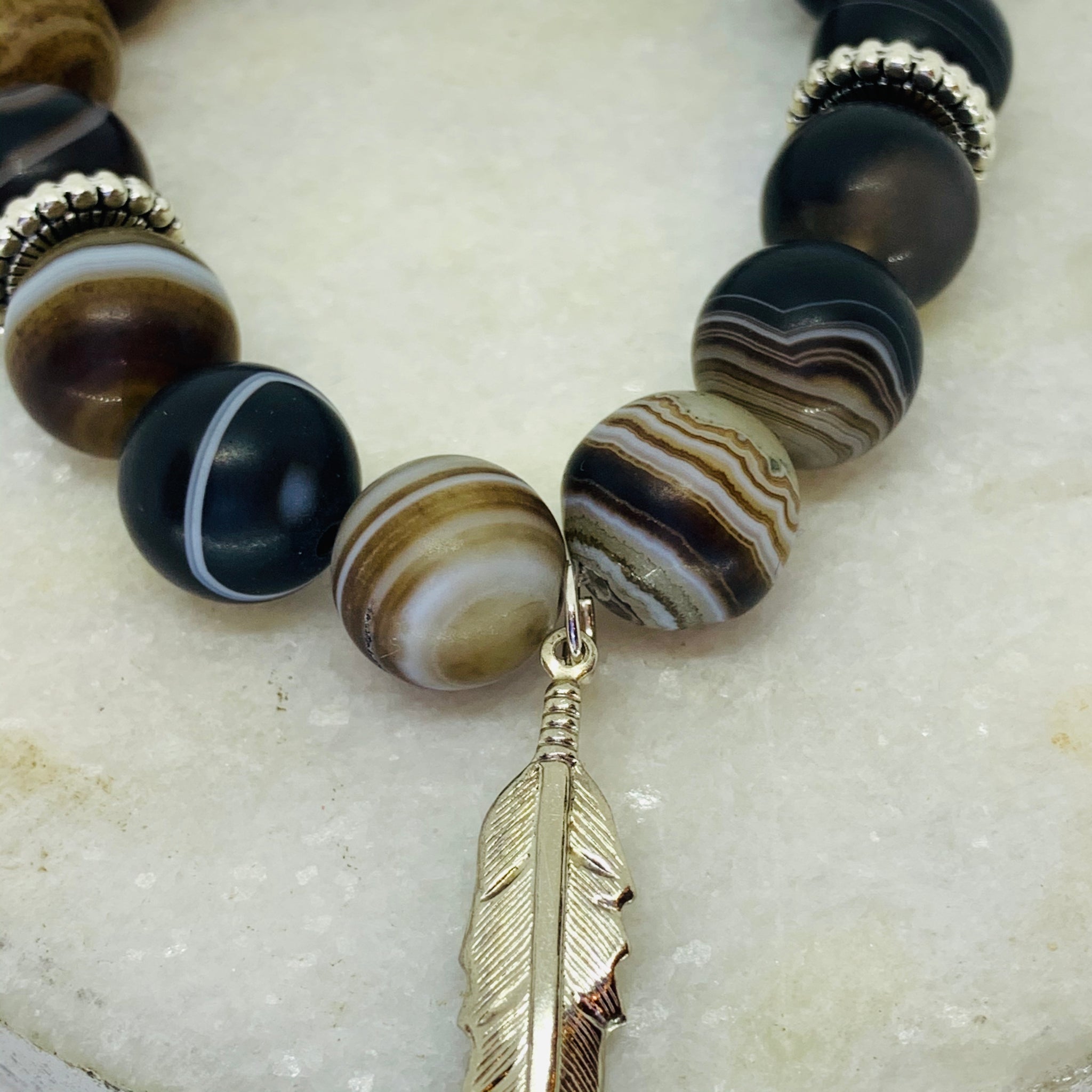 Frosted Stripe Agate and Silver Feather