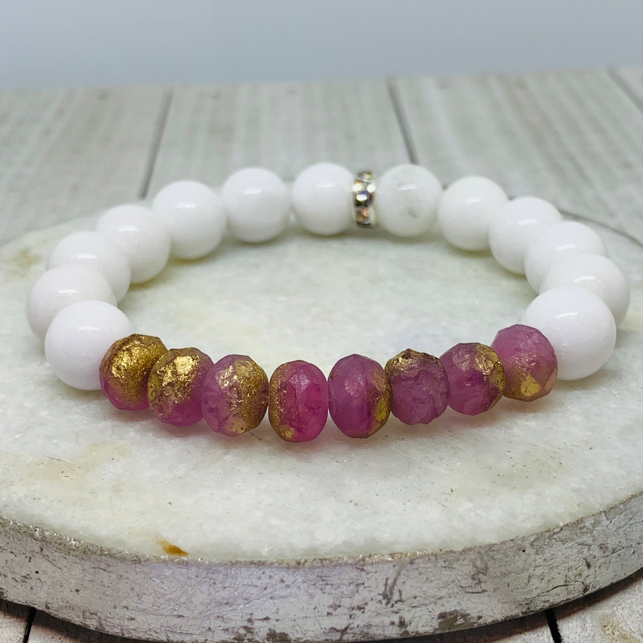 White Mashan Jade and Etched Pirnk & Gold Rondelle Bracelet