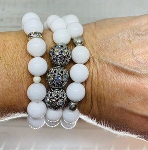 The Marsha Bracelet- White Mountain  Jade Beads with (3) Silver Micro Pave Bead Balls.