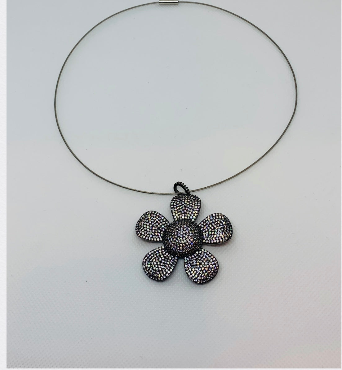 Large Daisy Flower Magnetic Silver Choker with Micro CZ Pave