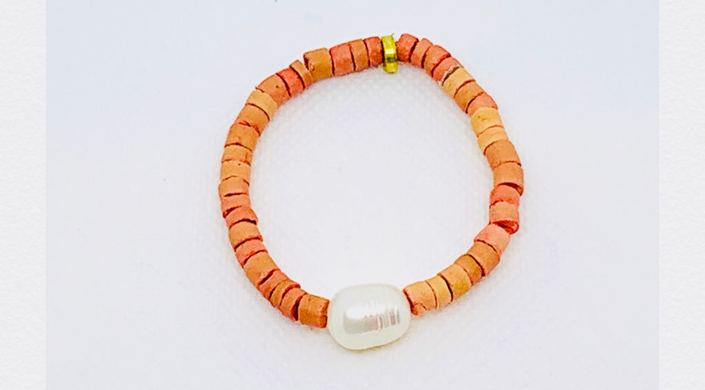 Orange Heishi Beads & White Baroque Pearl