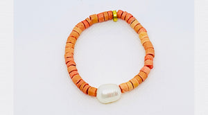 Orange Heishi Beads & White Baroque Pearl