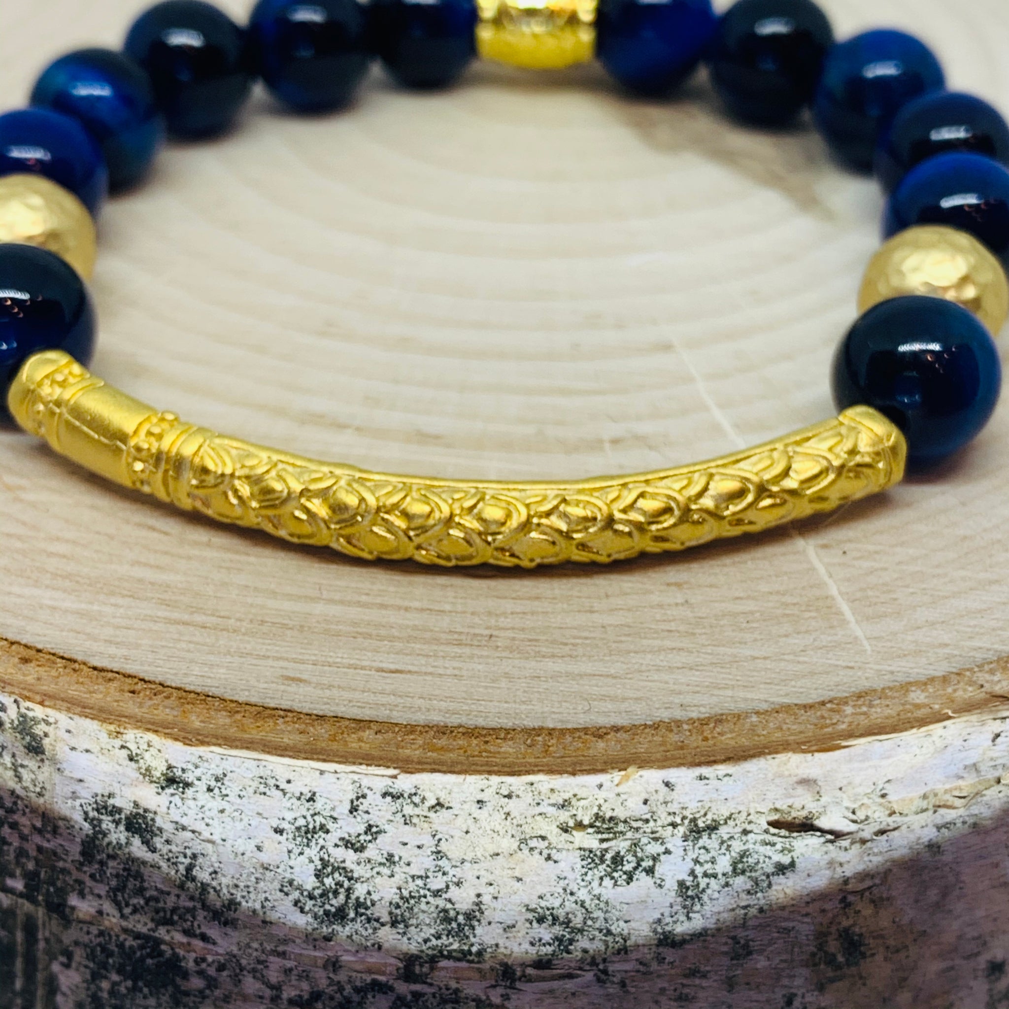 The Allison Bracelet- Blue Cat-Eye Beads with  Beautiful Etched Bar Bead